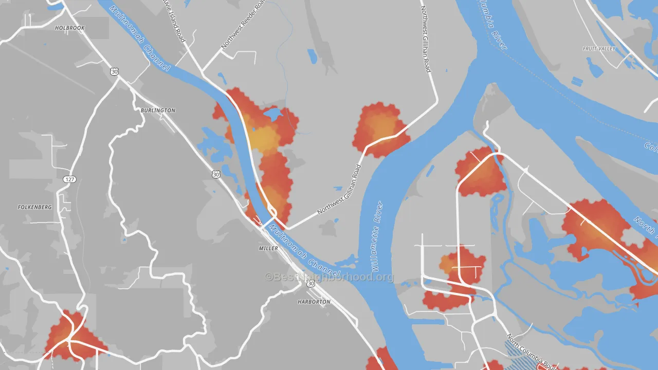 Walk Grade map of Linnton, OR, walkable areas in green and car-dependent areas in red