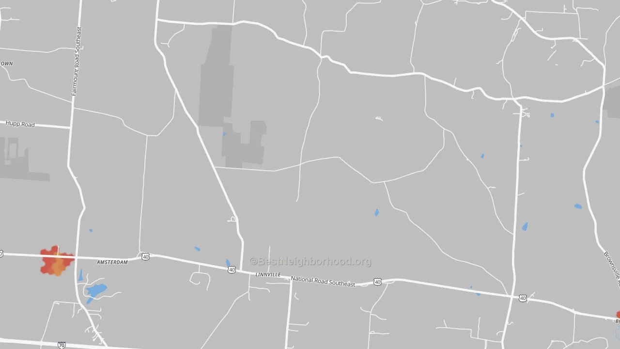 Walk Grade map of Linnville, OH, walkable areas in green and car-dependent areas in red