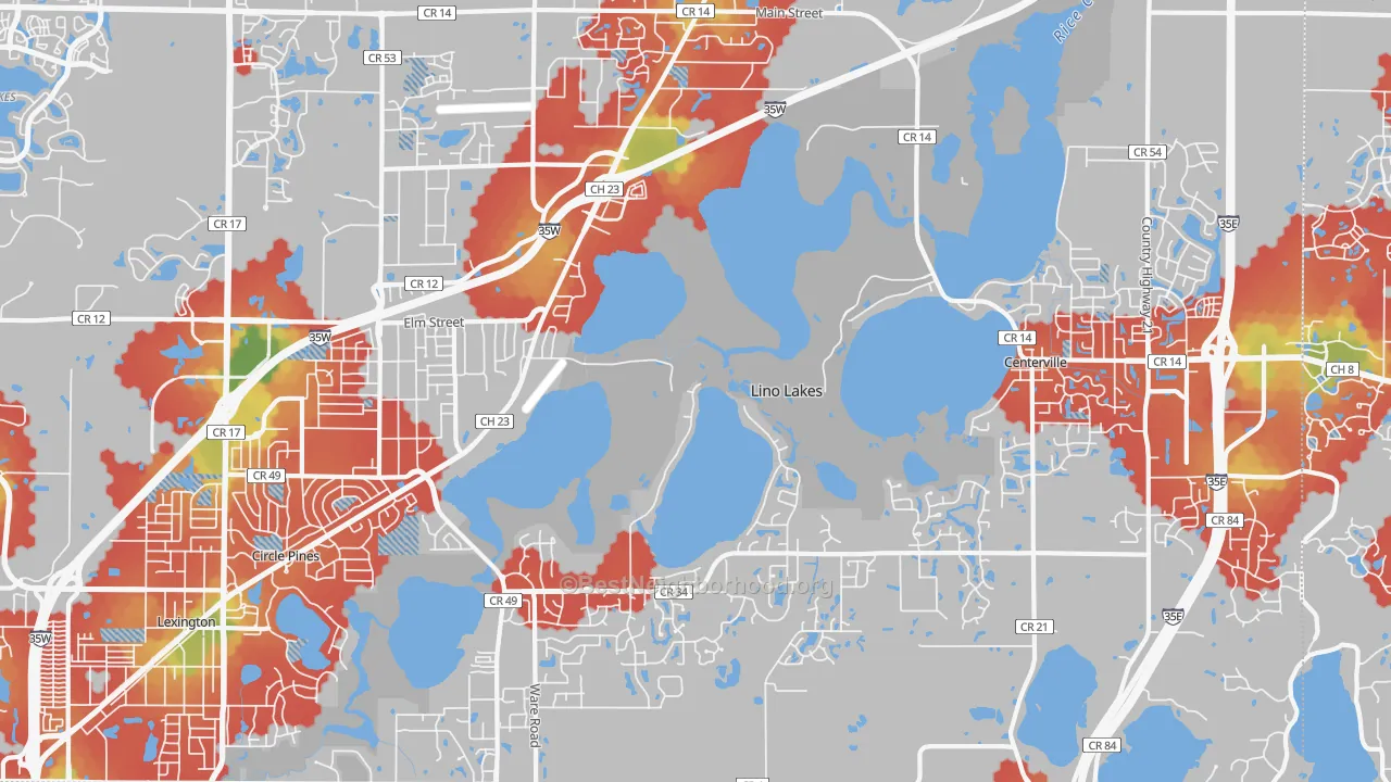 Walk Grade map of Lino Lakes, MN, walkable areas in green and car-dependent areas in red