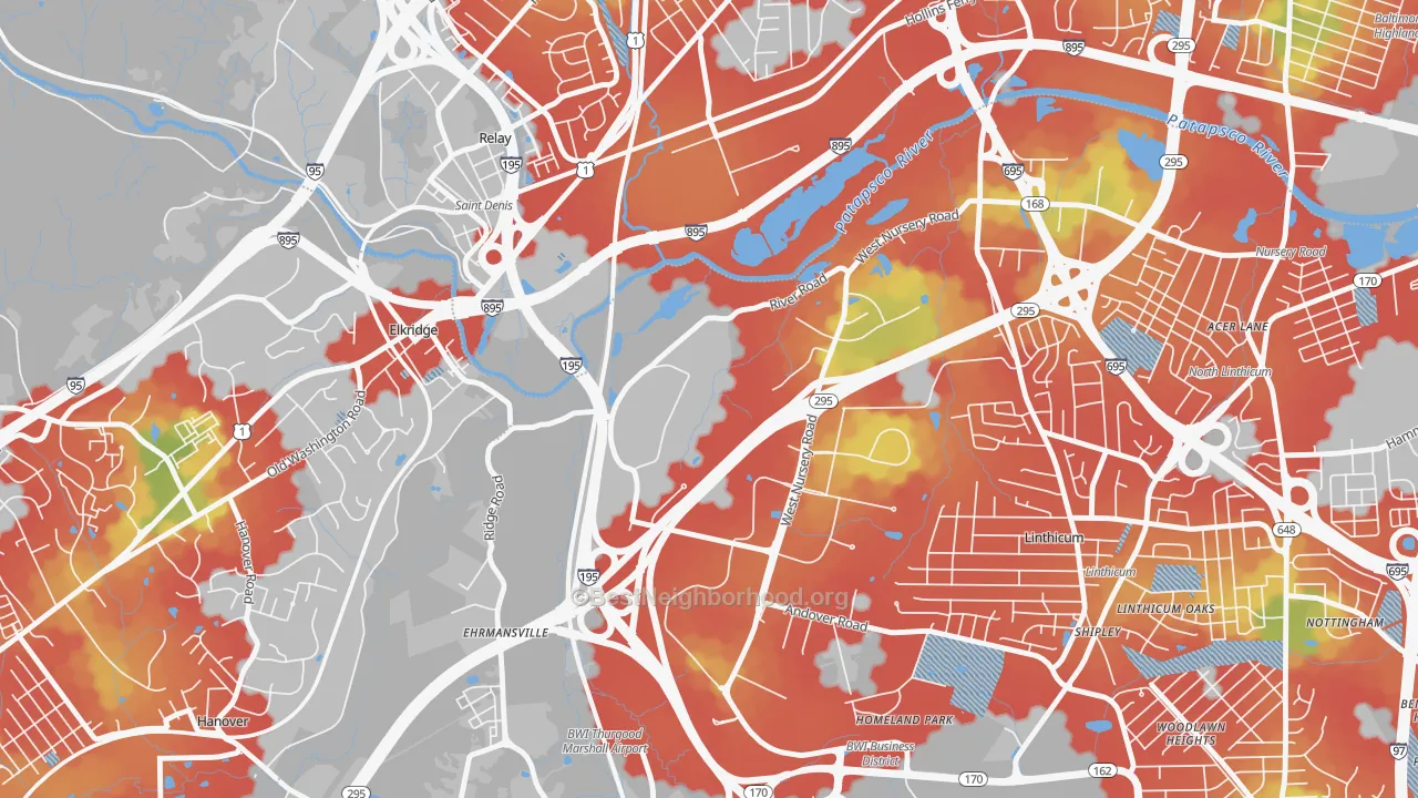 Walk Grade map of Linthicum Heights, MD, walkable areas in green and car-dependent areas in red