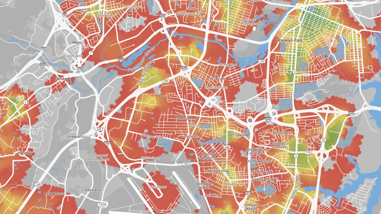 Walk Grade map of Linthicum, MD, walkable areas in green and car-dependent areas in red