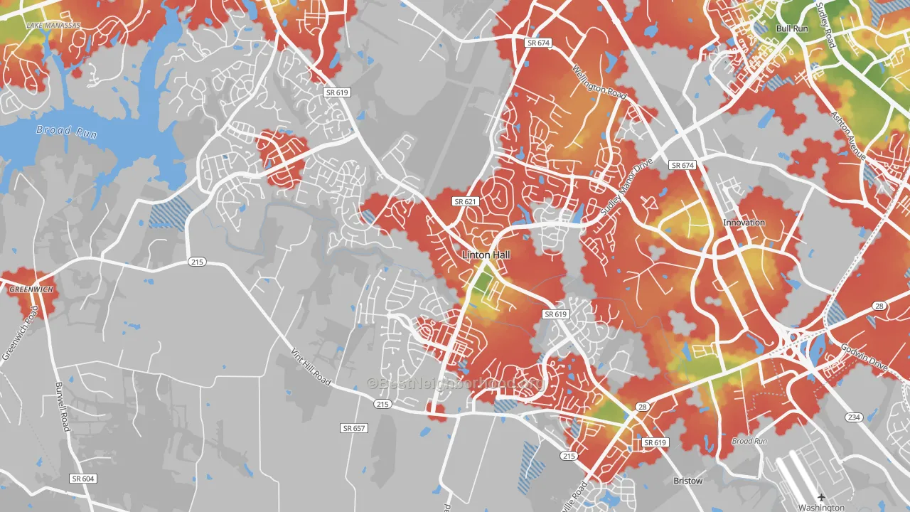 Walk Grade map of Linton Hall, VA, walkable areas in green and car-dependent areas in red