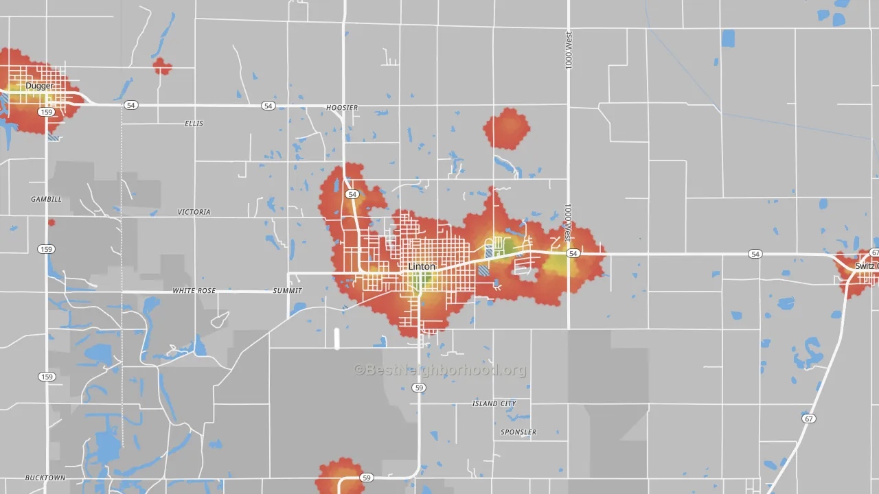 Walk Grade map of Linton, IN, walkable areas in green and car-dependent areas in red