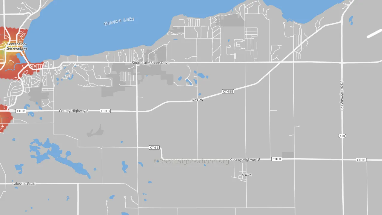 Walk Grade map of Linton, WI, walkable areas in green and car-dependent areas in red