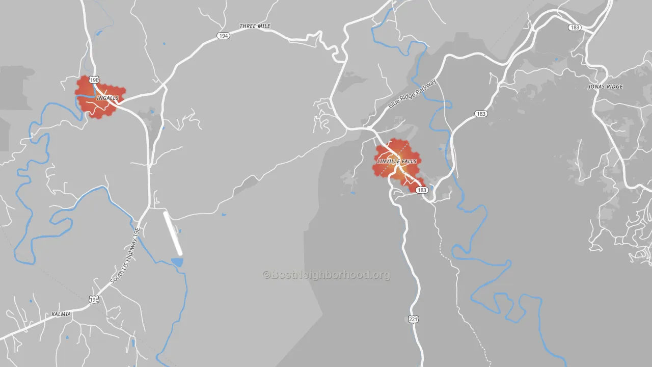 Walk Grade map of Linville Falls, NC, walkable areas in green and car-dependent areas in red