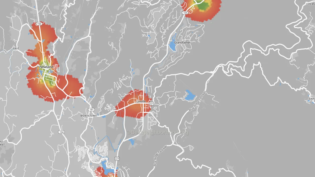Walk Grade map of Linville, NC, walkable areas in green and car-dependent areas in red
