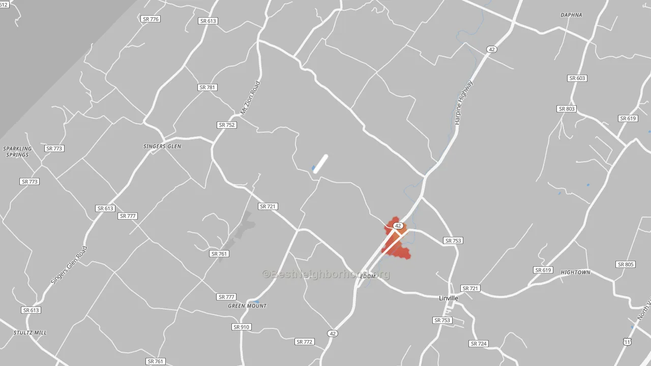 Walk Grade map of Linville, VA, walkable areas in green and car-dependent areas in red