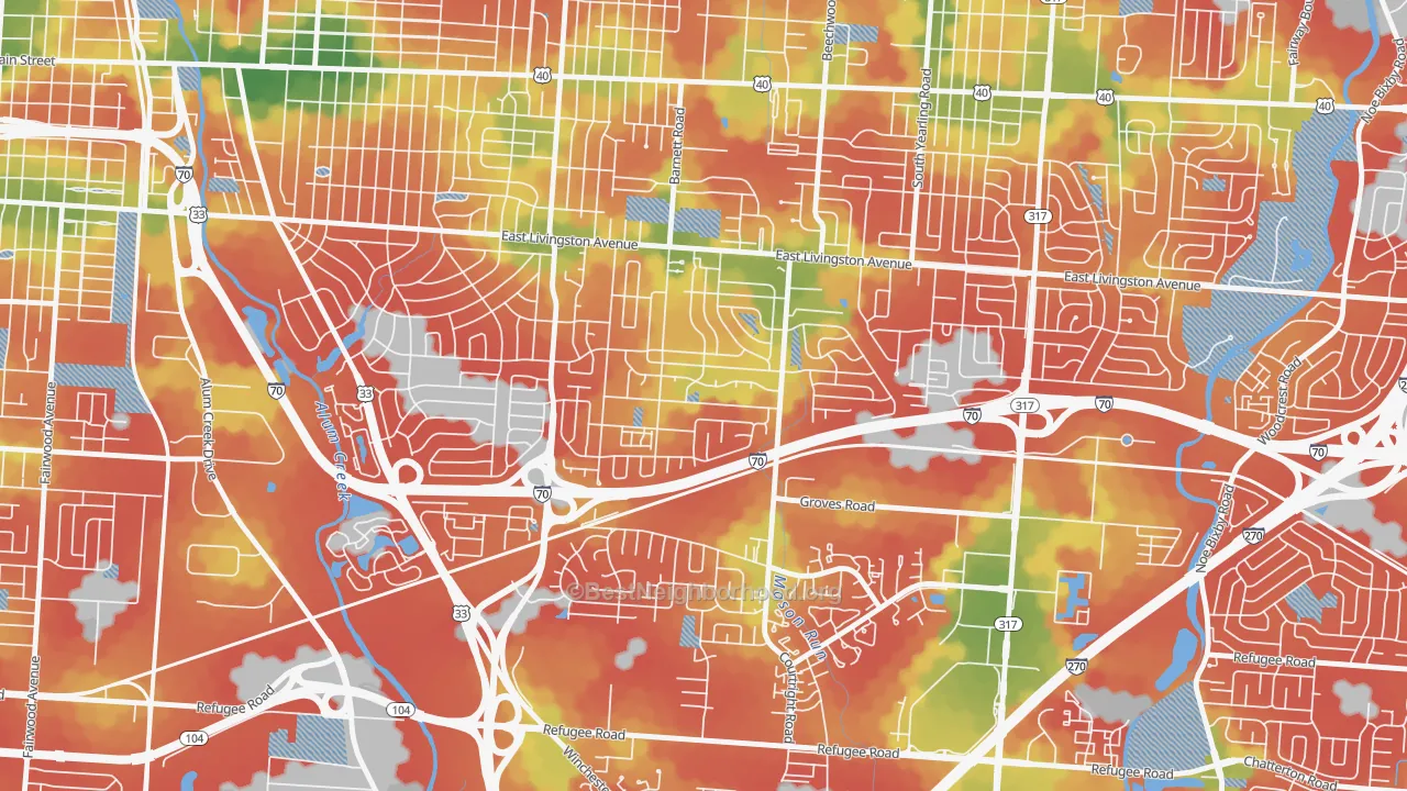 Walk Grade map of Linwood, Columbus, OH, walkable areas in green and car-dependent areas in red