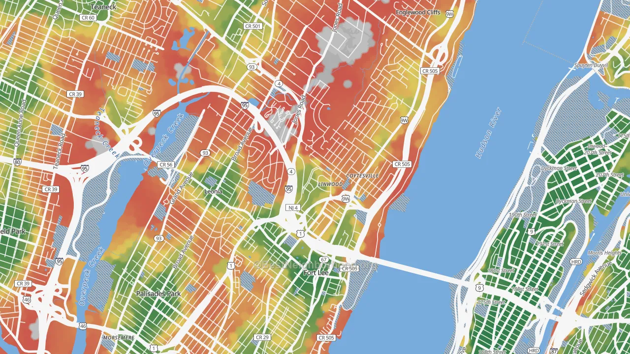 Walk Grade map of Linwood, Fort Lee, NJ, walkable areas in green and car-dependent areas in red