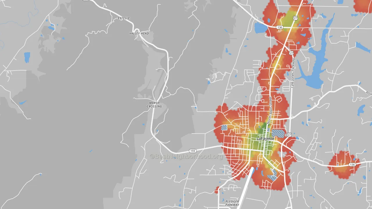 Walk Grade map of Linwood, GA, walkable areas in green and car-dependent areas in red