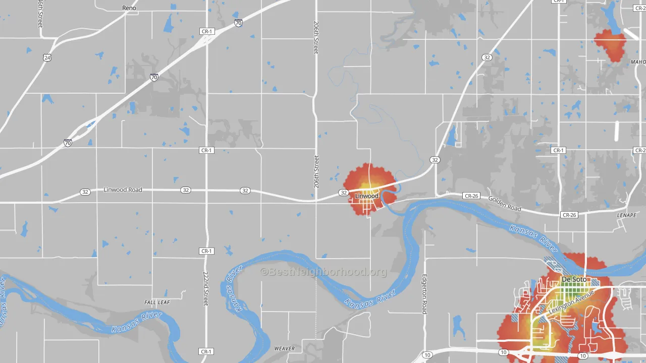 Walk Grade map of Linwood, KS, walkable areas in green and car-dependent areas in red