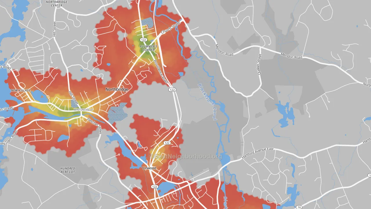 Walk Grade map of Linwood, MA, walkable areas in green and car-dependent areas in red