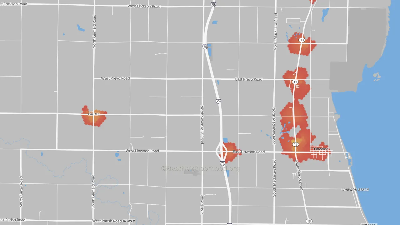 Walk Grade map of Linwood, MI, walkable areas in green and car-dependent areas in red