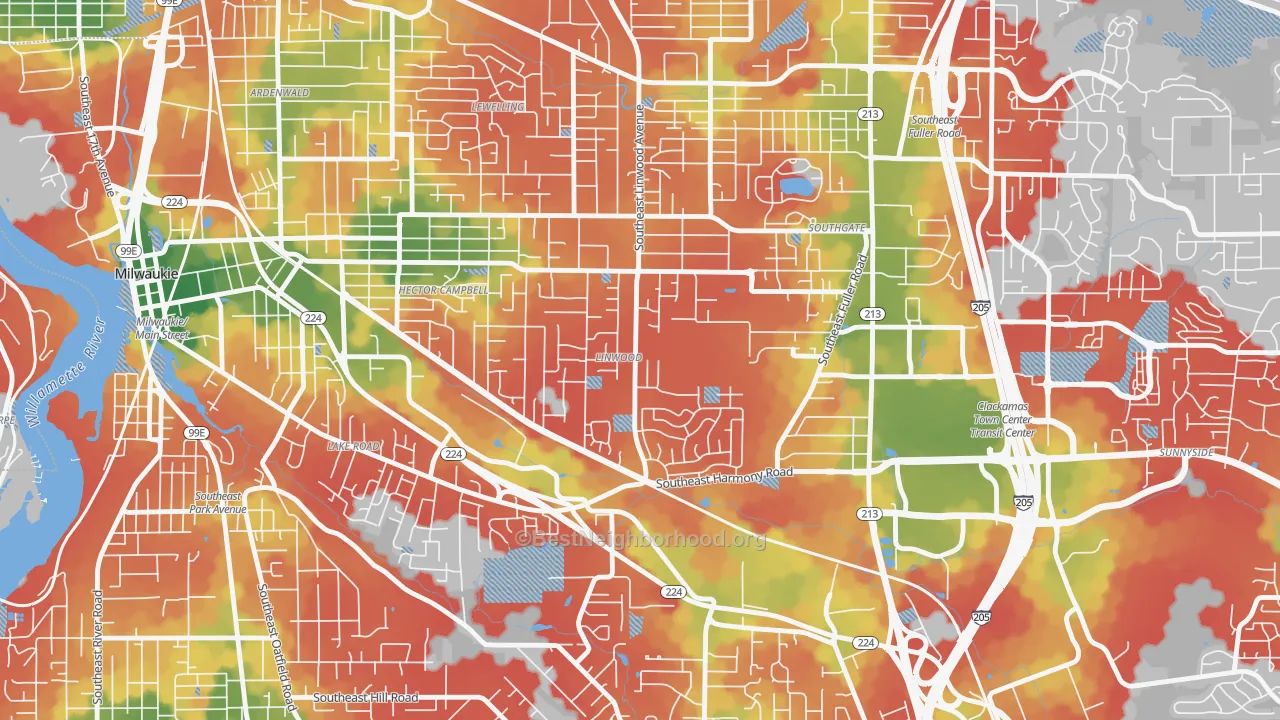 Walk Grade map of Linwood, Milwaukie, OR, walkable areas in green and car-dependent areas in red