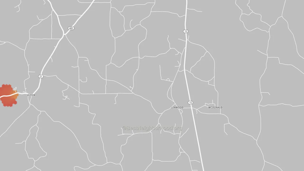 Walk Grade map of Linwood, MS, walkable areas in green and car-dependent areas in red