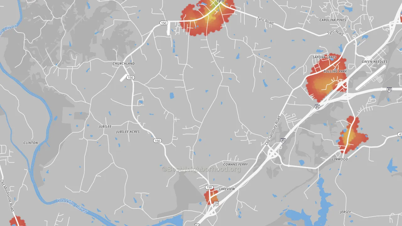 Walk Grade map of Linwood, NC, walkable areas in green and car-dependent areas in red