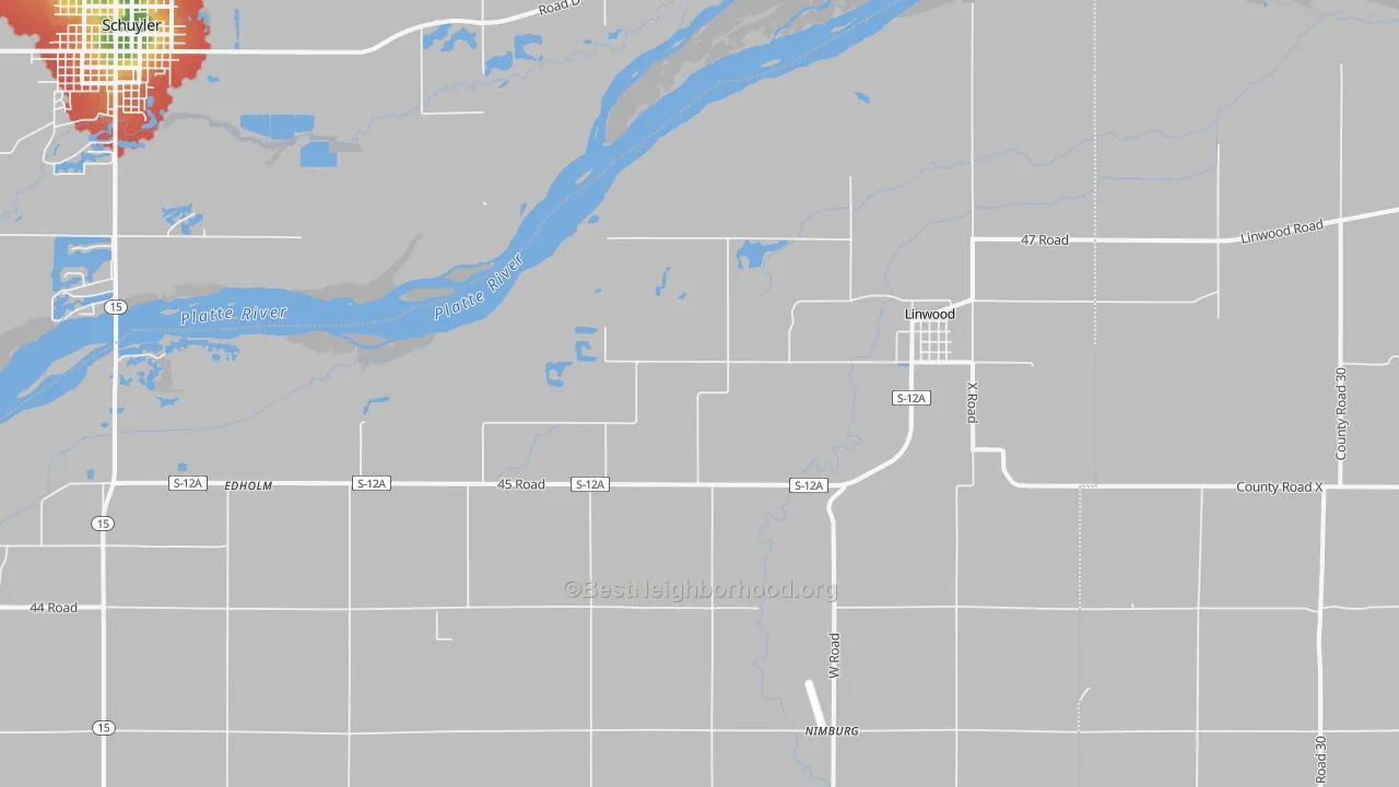 Walk Grade map of Linwood, NE, walkable areas in green and car-dependent areas in red