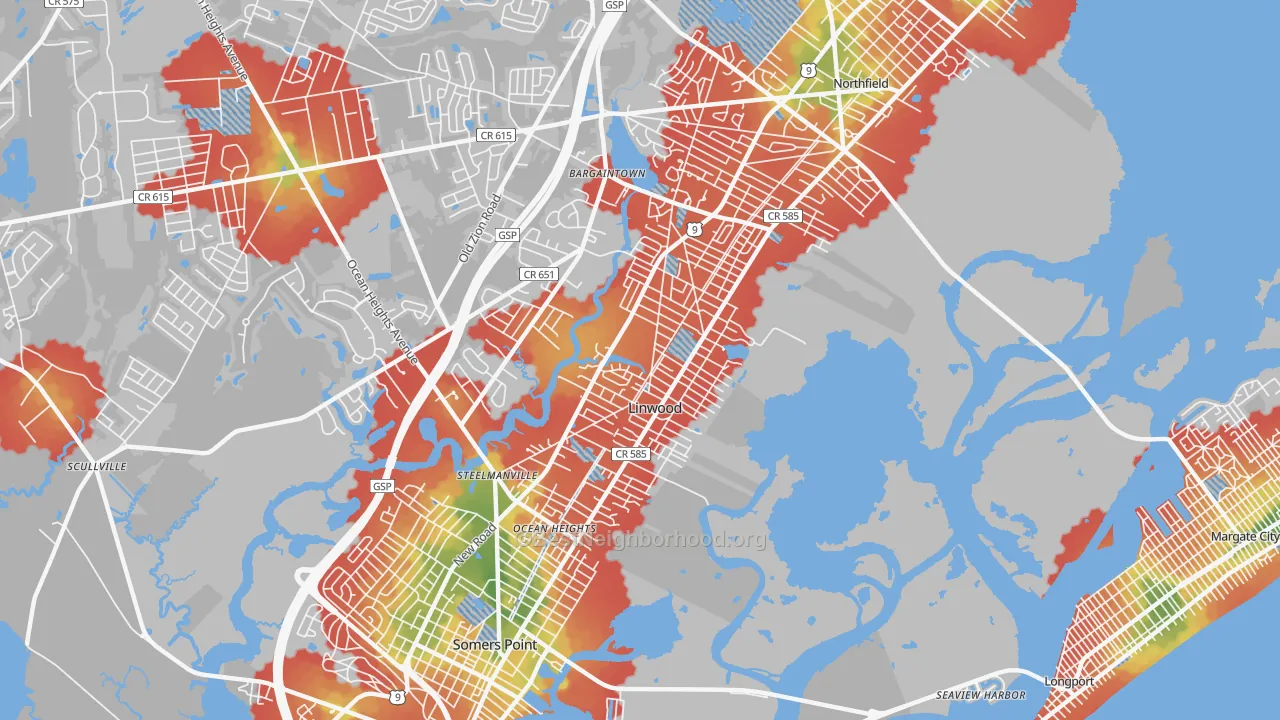 Walk Grade map of Linwood, NJ, walkable areas in green and car-dependent areas in red