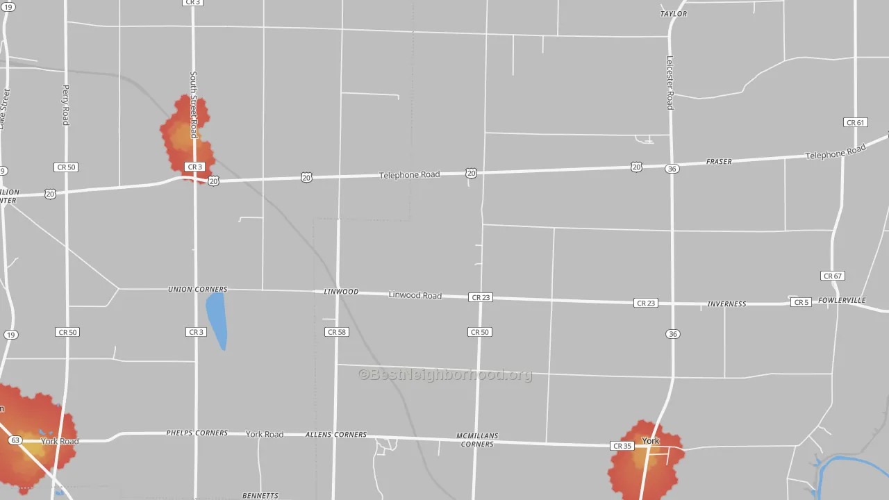 Walk Grade map of Linwood, NY, walkable areas in green and car-dependent areas in red