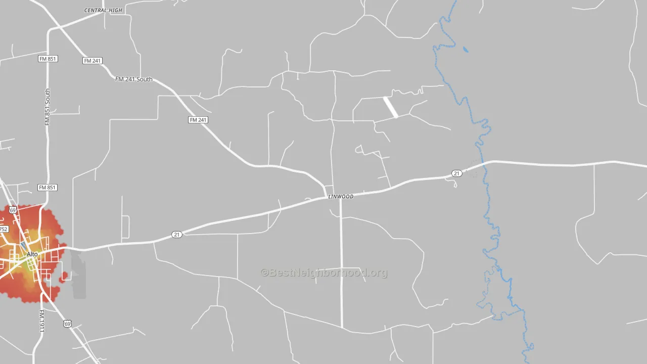 Walk Grade map of Linwood, TX, walkable areas in green and car-dependent areas in red