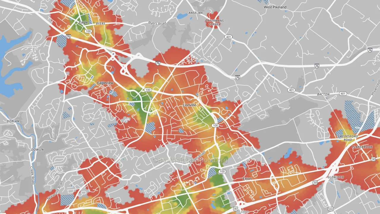 Walk Grade map of Lionville, PA, walkable areas in green and car-dependent areas in red