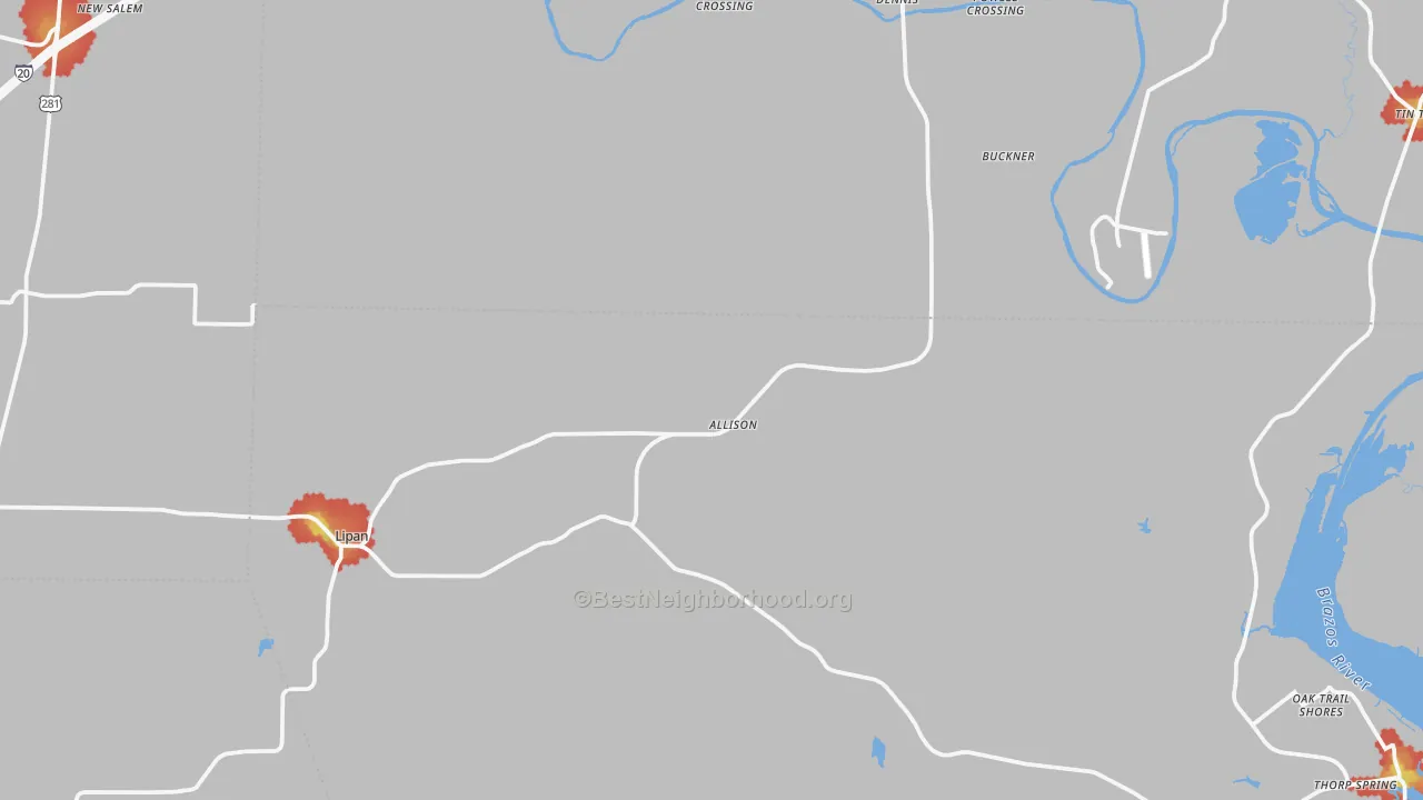 Walk Grade map of Lipan, TX, walkable areas in green and car-dependent areas in red