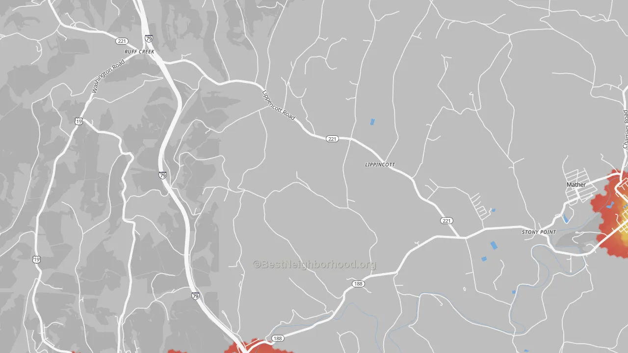 Walk Grade map of Lippincott, PA, walkable areas in green and car-dependent areas in red