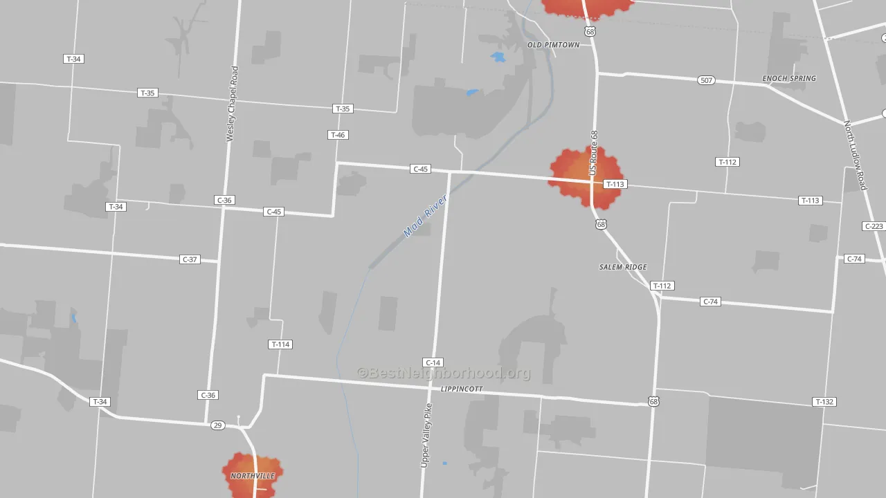 Walk Grade map of Lippincotts, OH, walkable areas in green and car-dependent areas in red