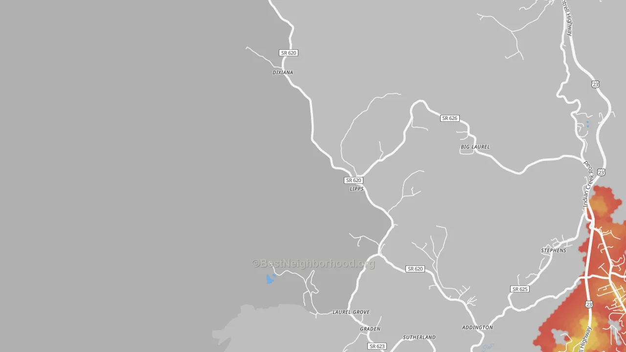 Walk Grade map of Lipps, VA, walkable areas in green and car-dependent areas in red
