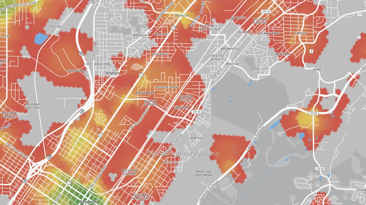 Walk Grade map of Lipscomb, AL, walkable areas in green and car-dependent areas in red