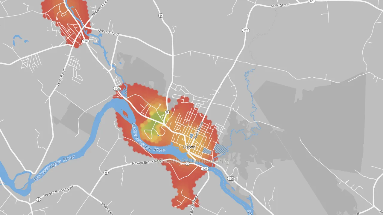 Walk Grade map of Lisbon Falls, ME, walkable areas in green and car-dependent areas in red