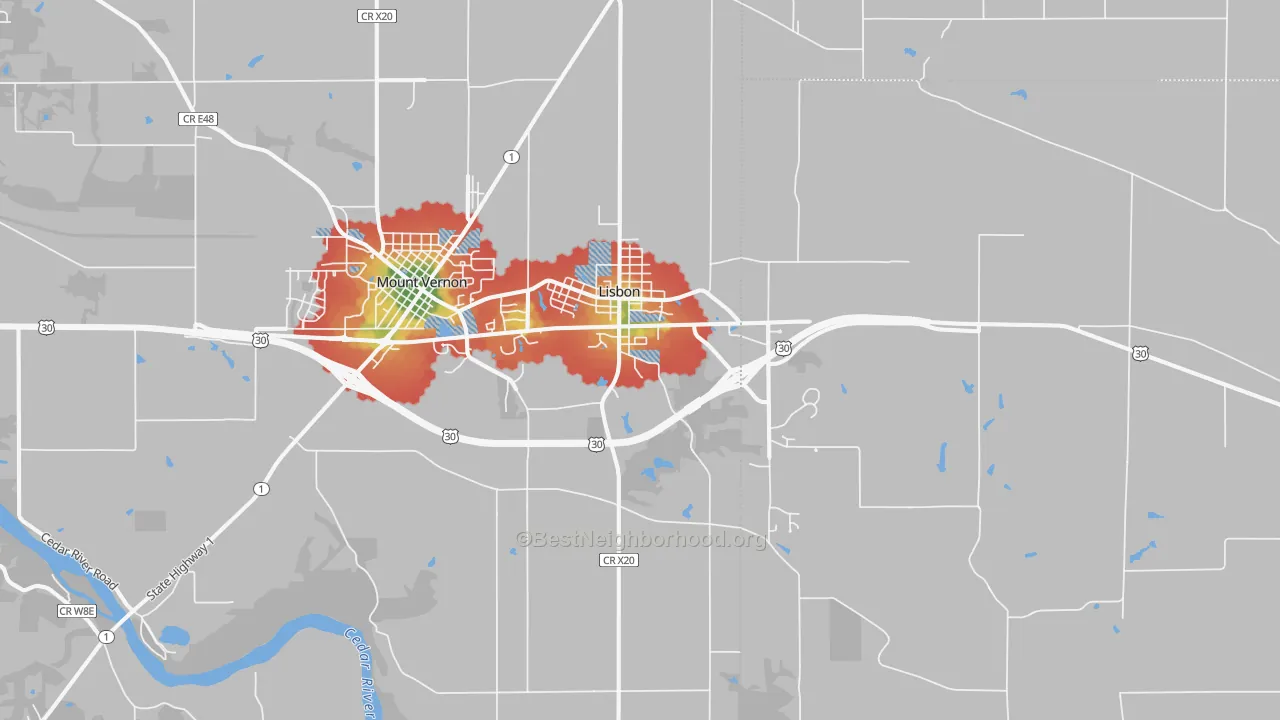 Walk Grade map of Lisbon, IA, walkable areas in green and car-dependent areas in red