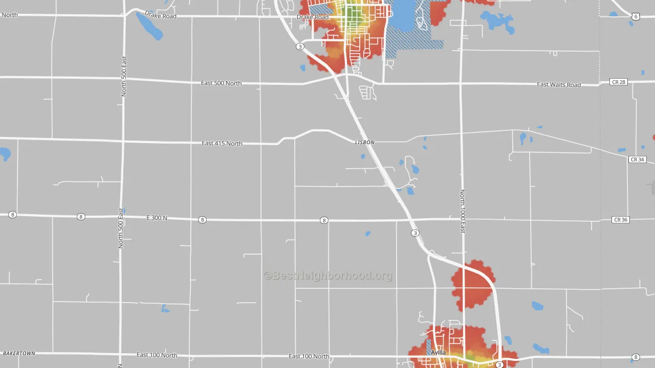 Walk Grade map of Lisbon, IN, walkable areas in green and car-dependent areas in red