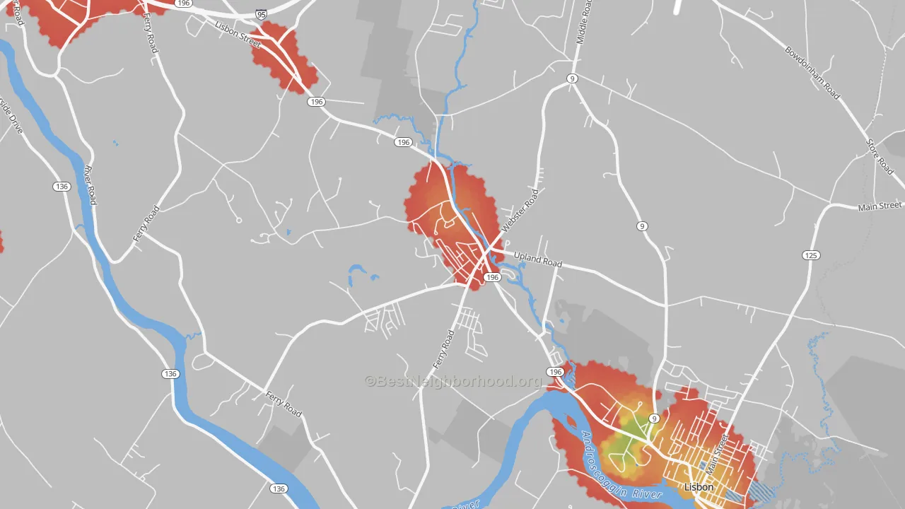 Walk Grade map of Lisbon, ME, walkable areas in green and car-dependent areas in red