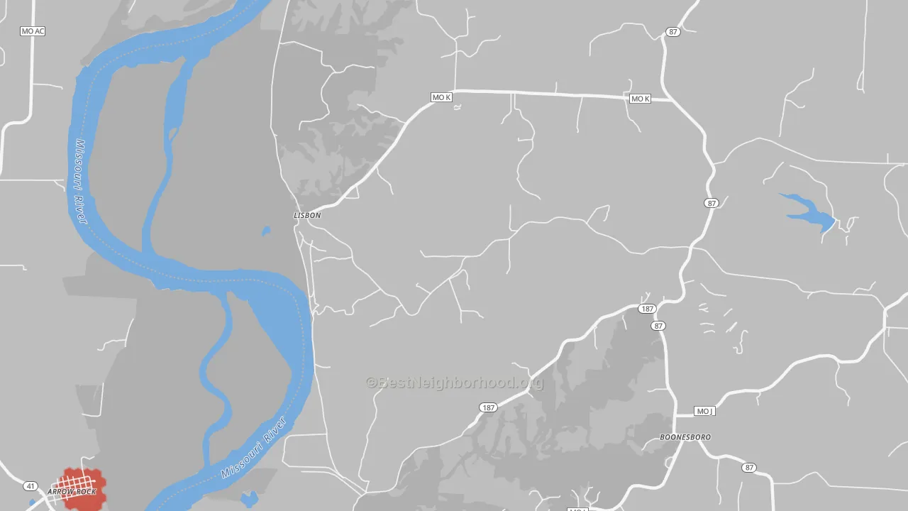 Walk Grade map of Lisbon, MO, walkable areas in green and car-dependent areas in red