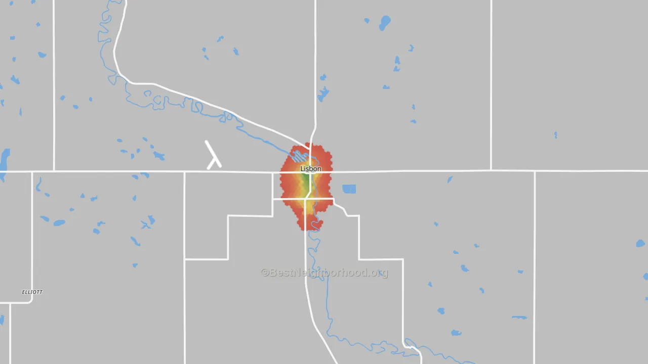 Walk Grade map of Lisbon, ND, walkable areas in green and car-dependent areas in red