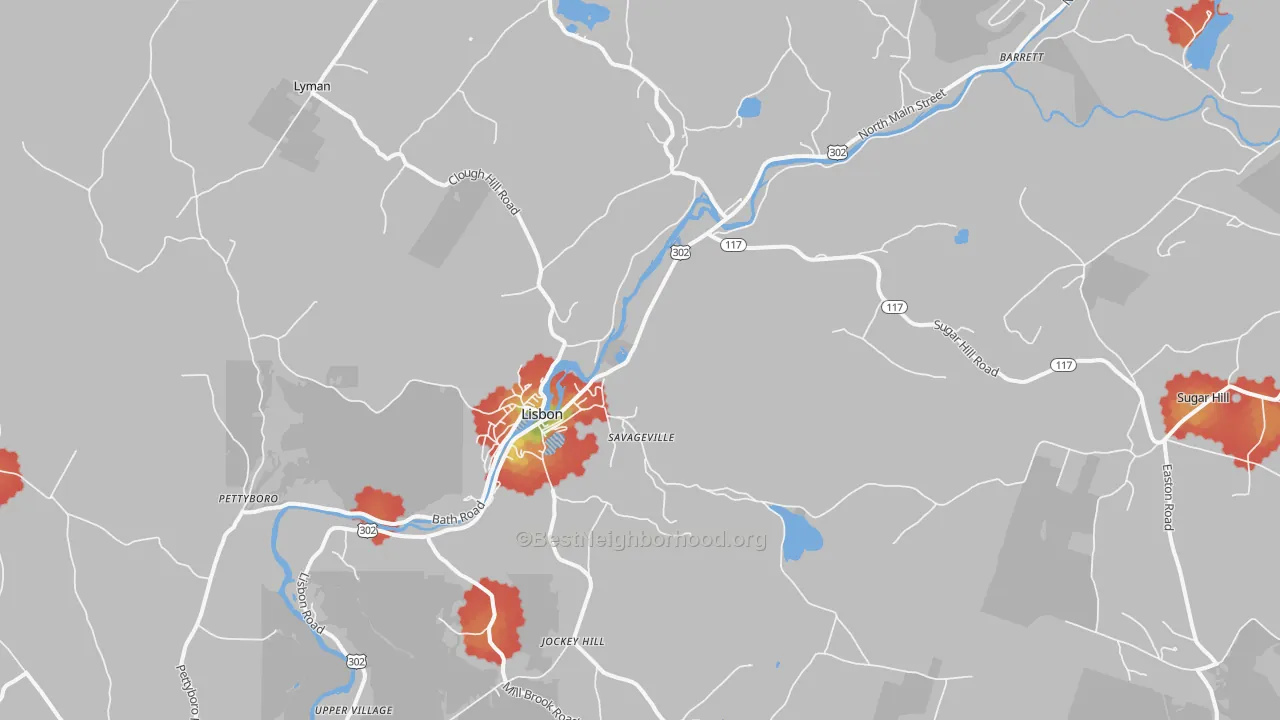 Walk Grade map of Lisbon, NH, walkable areas in green and car-dependent areas in red