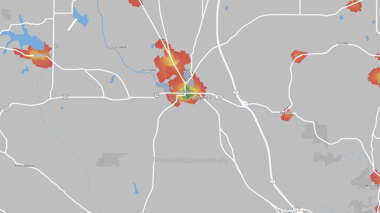 Walk Grade map of Lisbon, OH, walkable areas in green and car-dependent areas in red