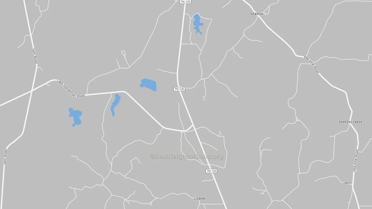 Walk Grade map of Lisbon, TN, walkable areas in green and car-dependent areas in red