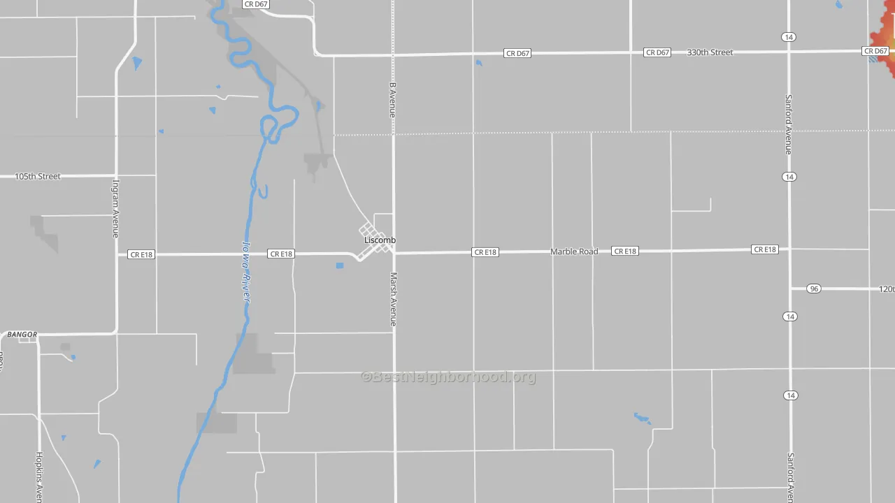Walk Grade map of Liscomb, IA, walkable areas in green and car-dependent areas in red