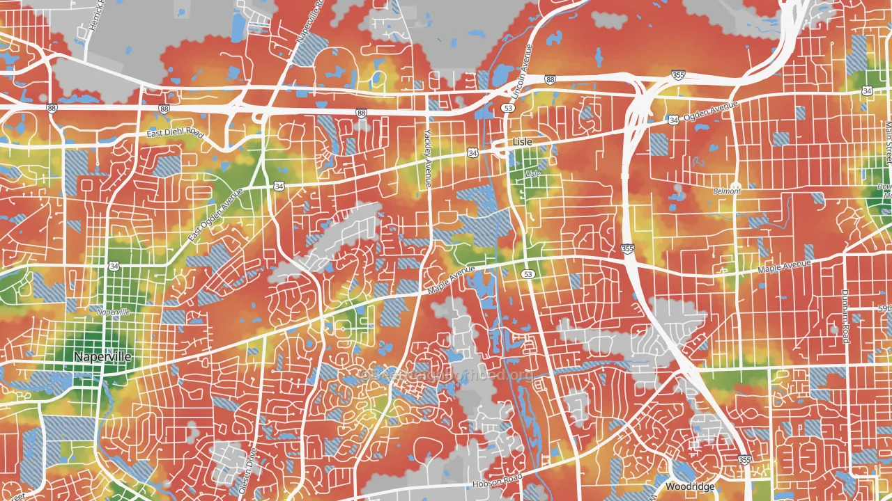 Walk Grade map of Lisle, IL, walkable areas in green and car-dependent areas in red