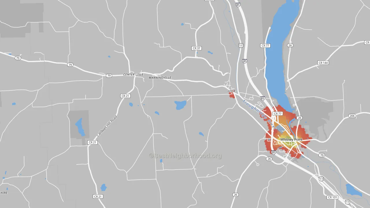 Walk Grade map of Lisle, NY, walkable areas in green and car-dependent areas in red