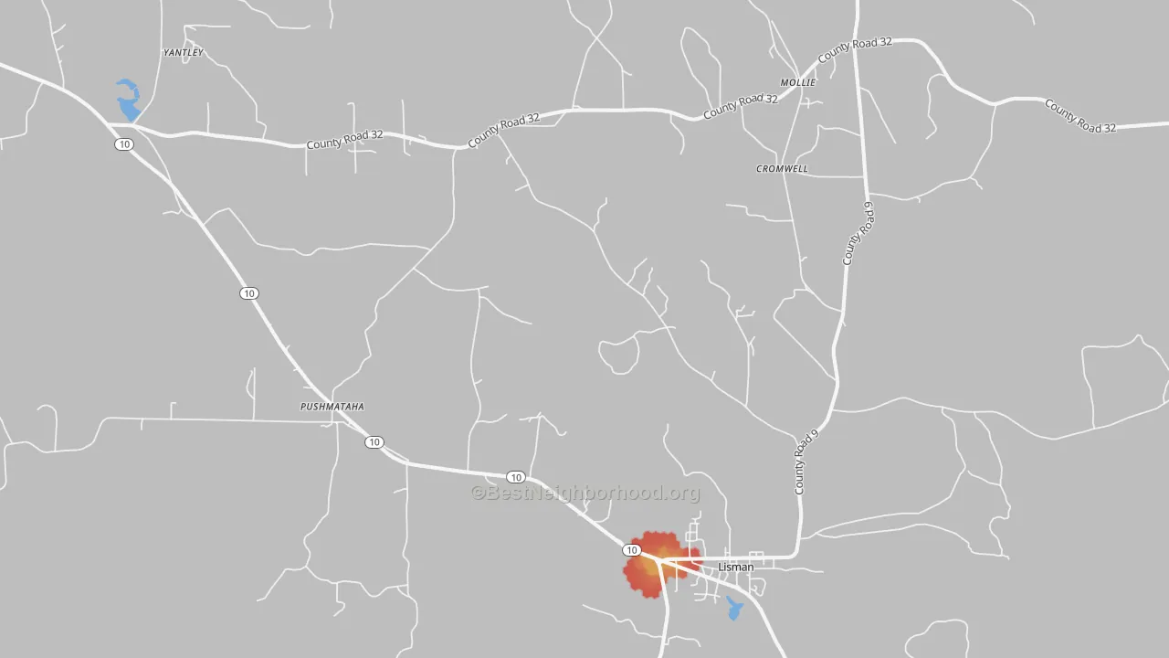 Walk Grade map of Lisman, AL, walkable areas in green and car-dependent areas in red