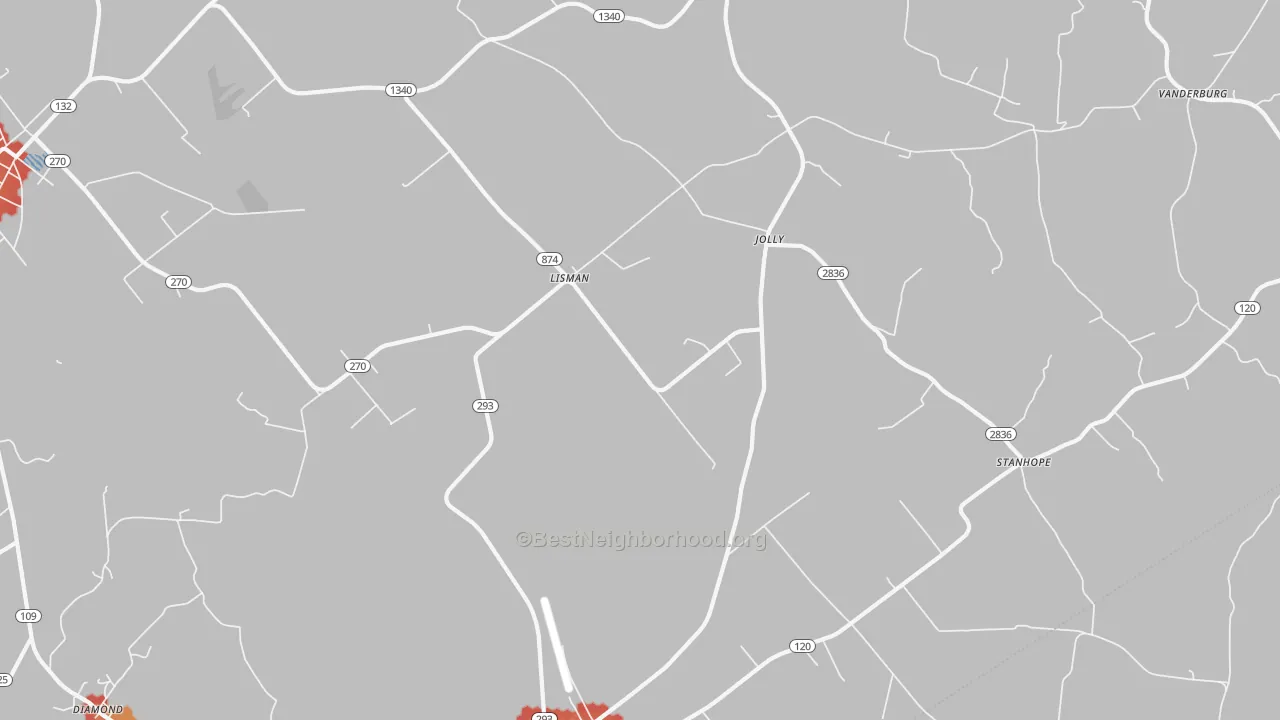 Walk Grade map of Lisman, KY, walkable areas in green and car-dependent areas in red