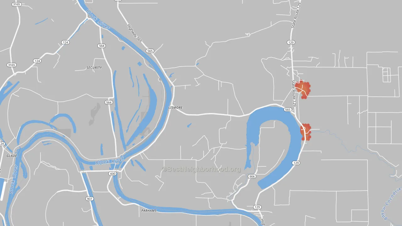 Walk Grade map of Lismore, LA, walkable areas in green and car-dependent areas in red