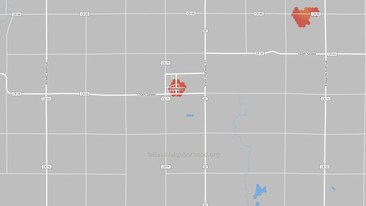 Walk Grade map of Lismore, MN, walkable areas in green and car-dependent areas in red