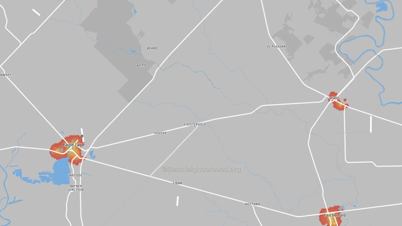 Walk Grade map of Lissie, TX, walkable areas in green and car-dependent areas in red