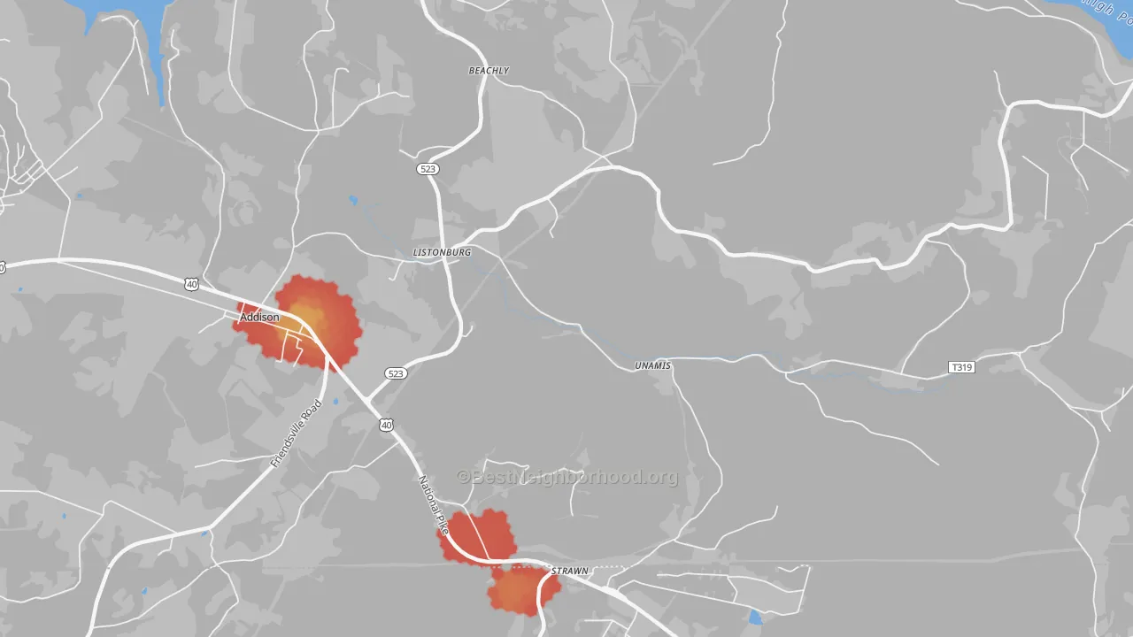 Walk Grade map of Listonburg, PA, walkable areas in green and car-dependent areas in red