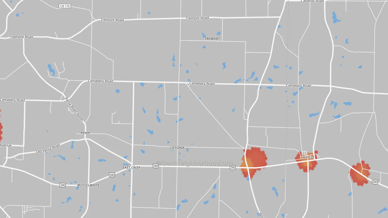 Walk Grade map of Listonia, GA, walkable areas in green and car-dependent areas in red