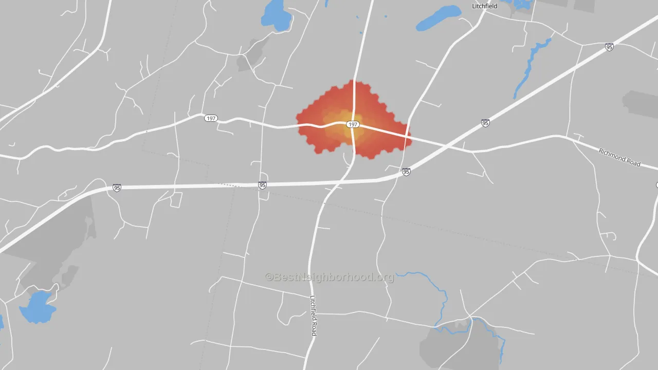 Walk Grade map of Litchfield Corners, ME, walkable areas in green and car-dependent areas in red